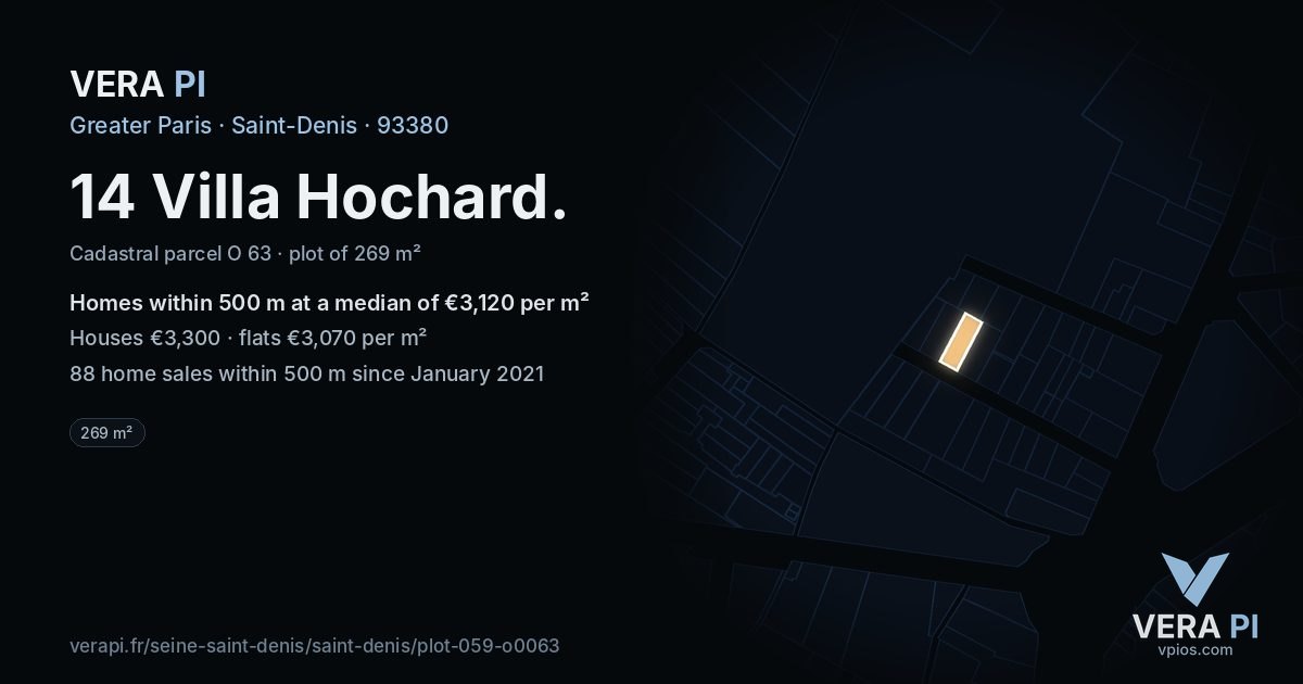 14 Villa Hochard, Saint-Denis at night – the plot lit, the parcels around coloured by the prices near them