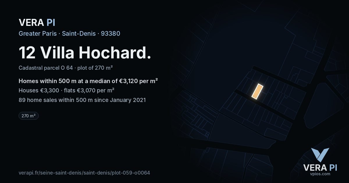12 Villa Hochard, Saint-Denis at night – the plot lit, the parcels around coloured by the prices near them