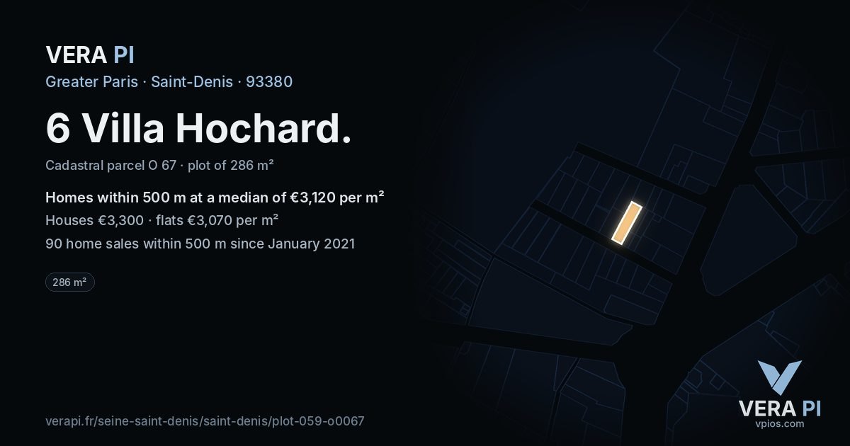 6 Villa Hochard, Saint-Denis at night – the plot lit, the parcels around coloured by the prices near them
