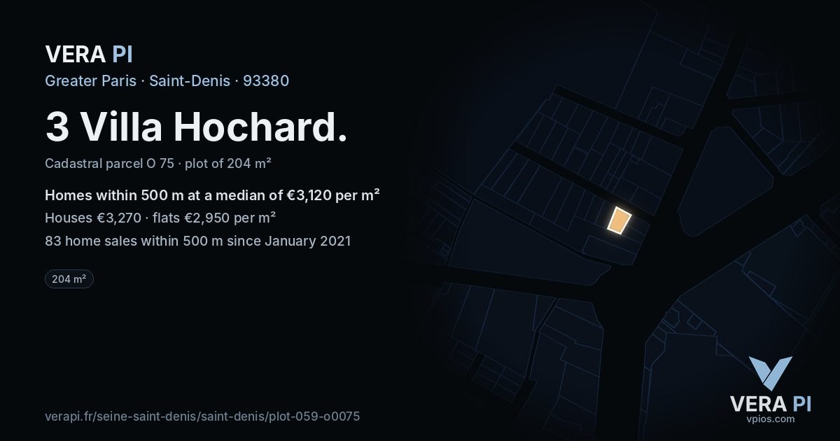 3 Villa Hochard, Saint-Denis at night – the plot lit, the parcels around coloured by the prices near them