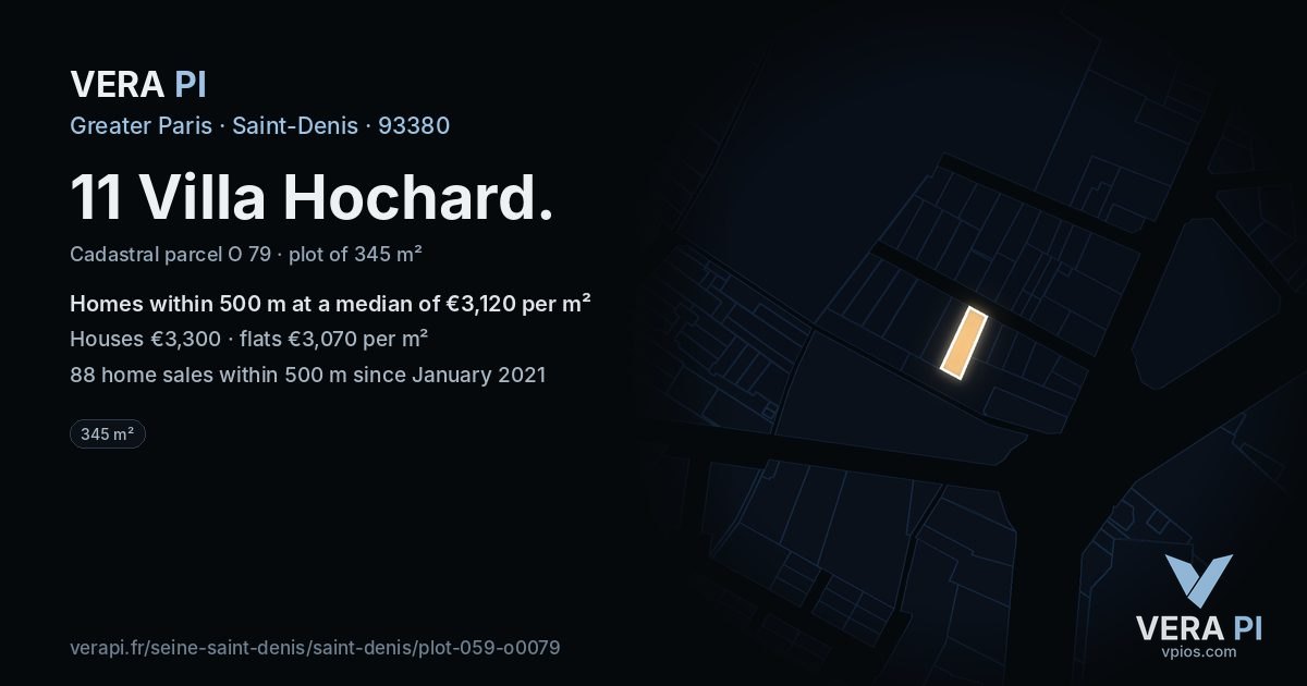 11 Villa Hochard, Saint-Denis at night – the plot lit, the parcels around coloured by the prices near them