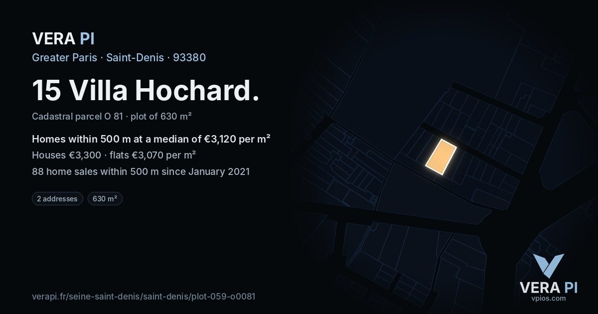 15 Villa Hochard, Saint-Denis at night – the plot lit, the parcels around coloured by the prices near them