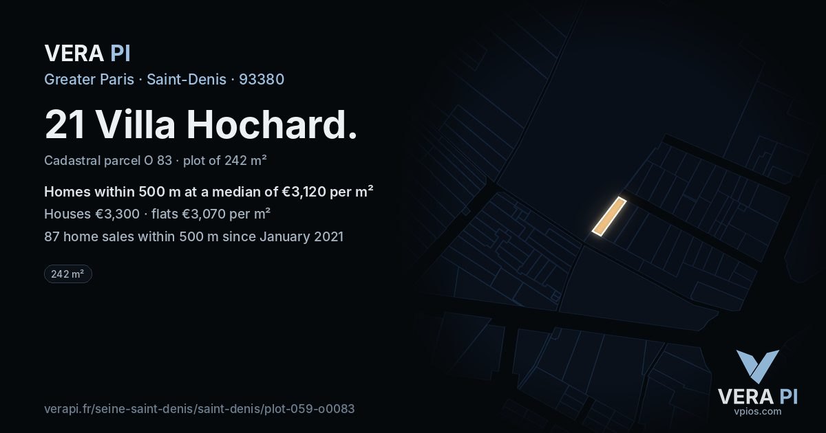 21 Villa Hochard, Saint-Denis at night – the plot lit, the parcels around coloured by the prices near them