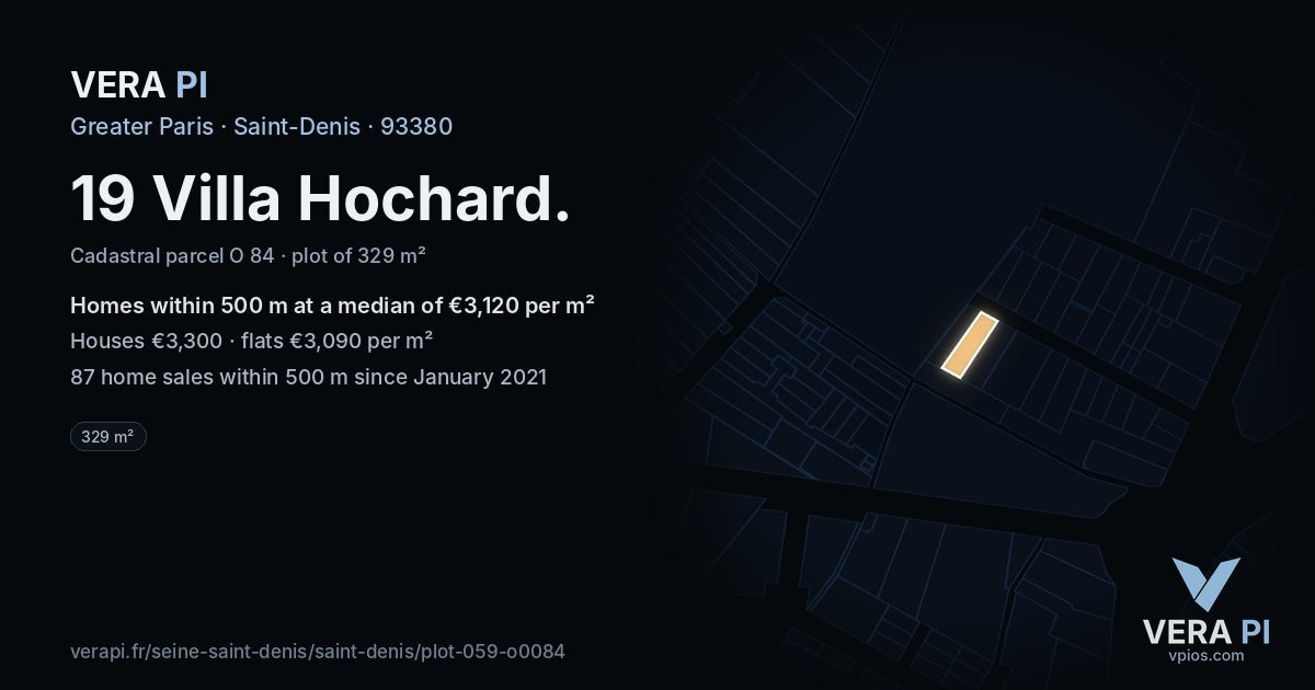 19 Villa Hochard, Saint-Denis at night – the plot lit, the parcels around coloured by the prices near them