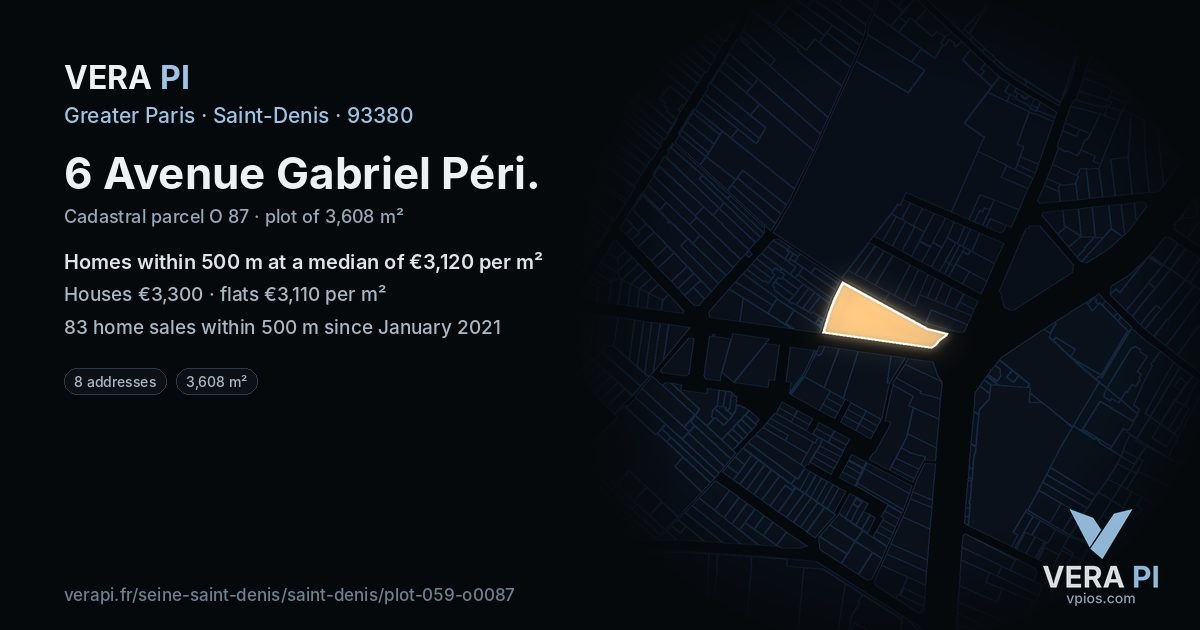 6 Avenue Gabriel Péri, Saint-Denis at night – the plot lit, the parcels around coloured by the prices near them