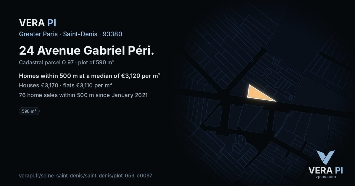 24 Avenue Gabriel Péri, Saint-Denis at night – the plot lit, the parcels around coloured by the prices near them