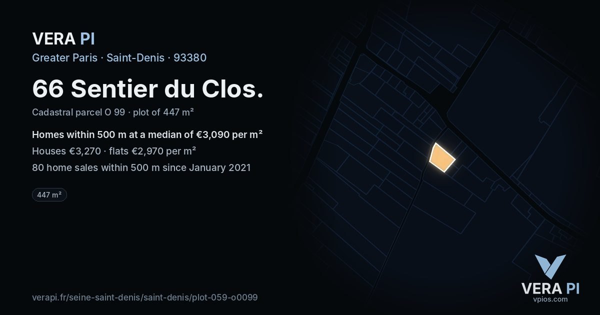 66 Sentier du Clos, Saint-Denis at night – the plot lit, the parcels around coloured by the prices near them