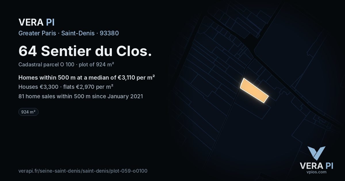 64 Sentier du Clos, Saint-Denis at night – the plot lit, the parcels around coloured by the prices near them