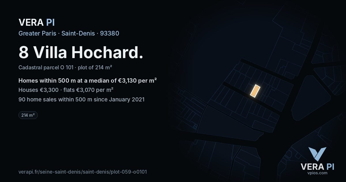 8 Villa Hochard, Saint-Denis at night – the plot lit, the parcels around coloured by the prices near them