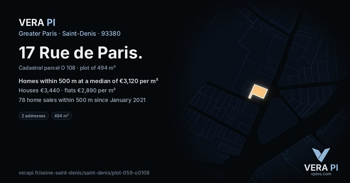 17 Rue de Paris, Saint-Denis at night – the plot lit, the parcels around coloured by the prices near them