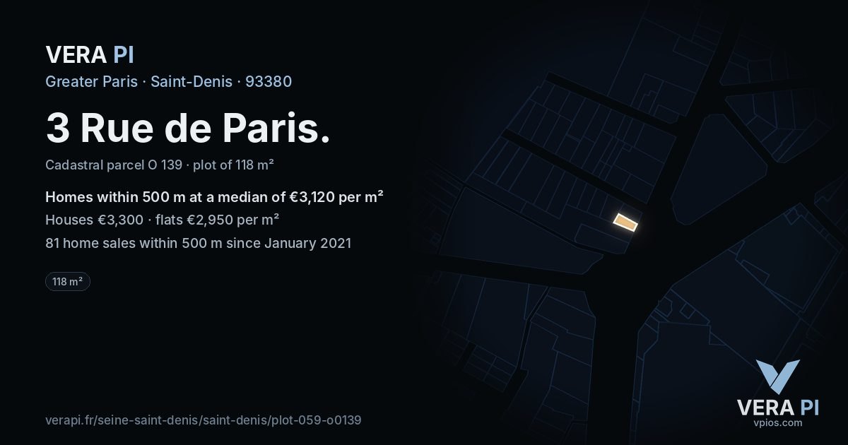3 Rue de Paris, Saint-Denis at night – the plot lit, the parcels around coloured by the prices near them