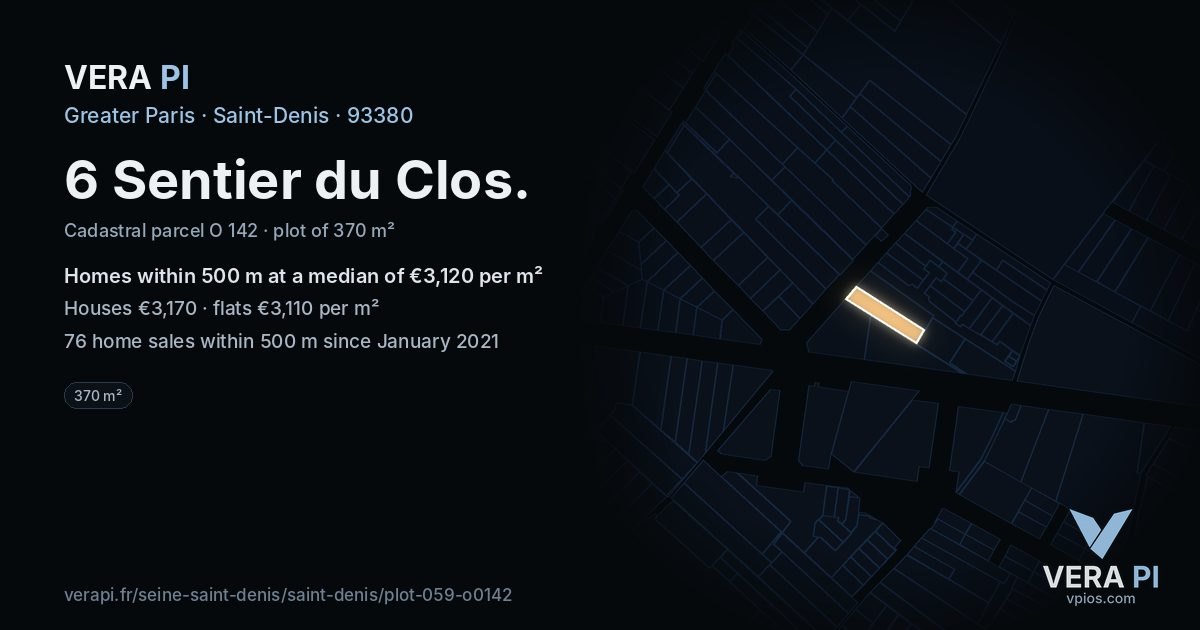 6 Sentier du Clos, Saint-Denis at night – the plot lit, the parcels around coloured by the prices near them