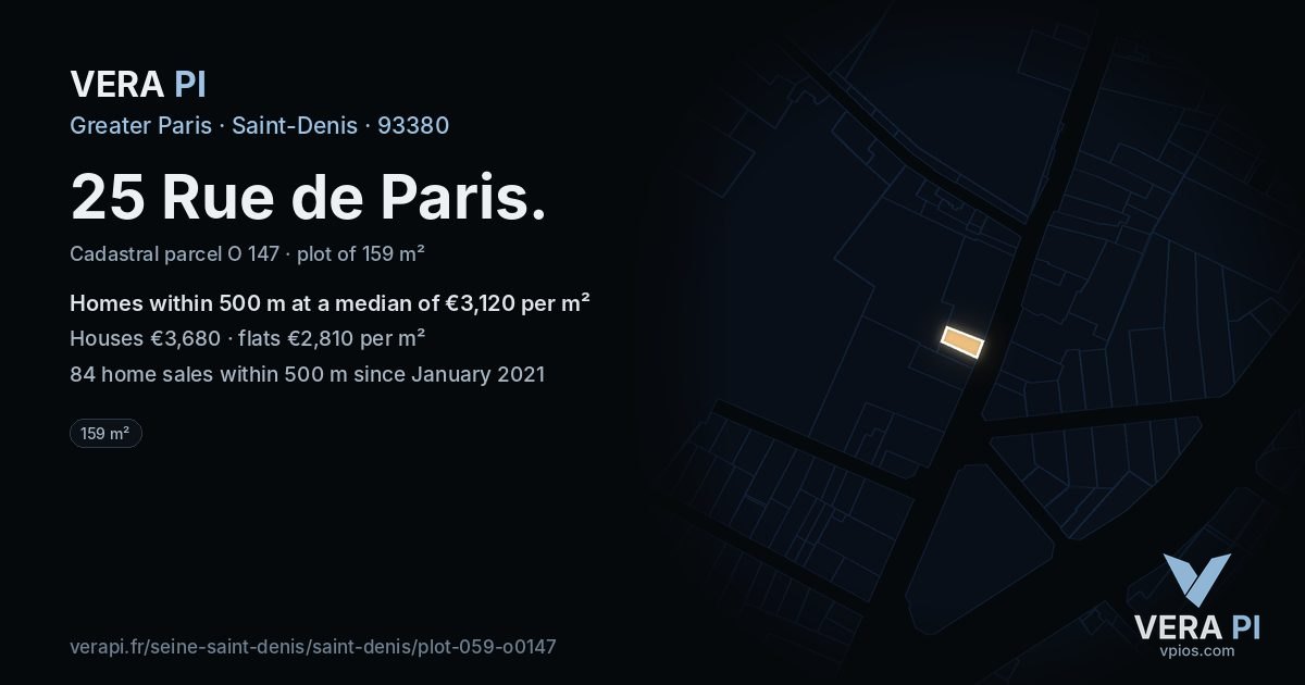 25 Rue de Paris, Saint-Denis at night – the plot lit, the parcels around coloured by the prices near them