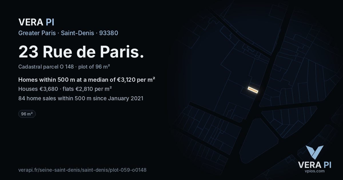 23 Rue de Paris, Saint-Denis at night – the plot lit, the parcels around coloured by the prices near them