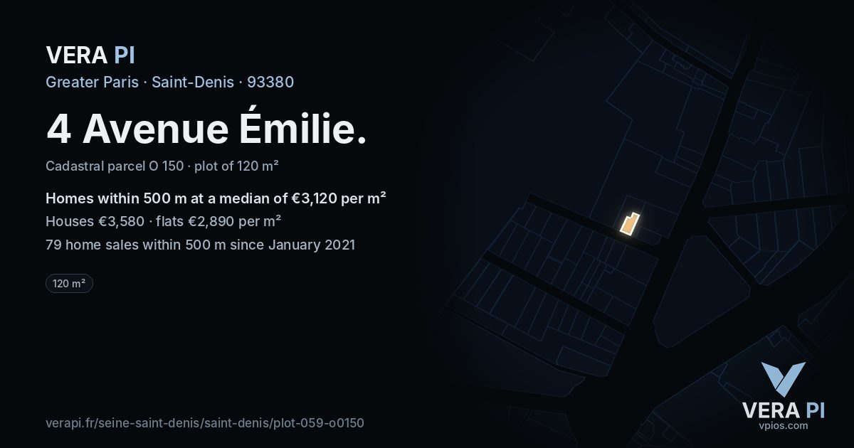 4 Avenue Émilie, Saint-Denis at night – the plot lit, the parcels around coloured by the prices near them