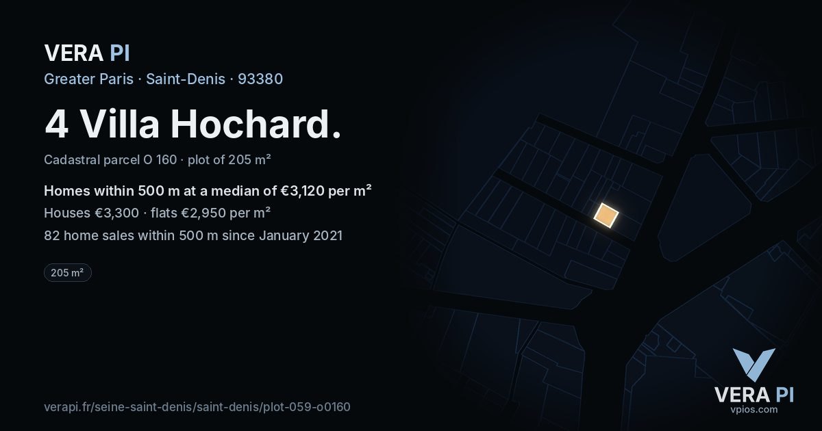 4 Villa Hochard, Saint-Denis at night – the plot lit, the parcels around coloured by the prices near them