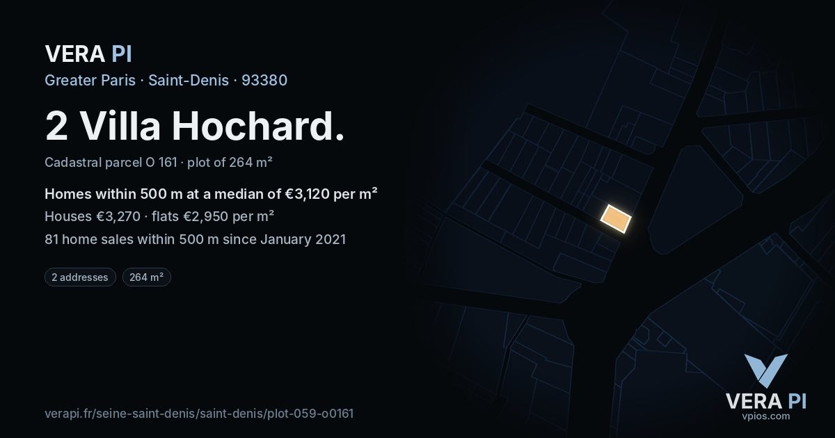 2 Villa Hochard, Saint-Denis at night – the plot lit, the parcels around coloured by the prices near them