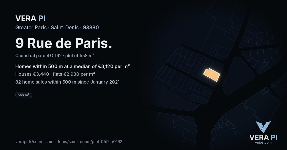 9 Rue de Paris, Saint-Denis at night – the plot lit, the parcels around coloured by the prices near them