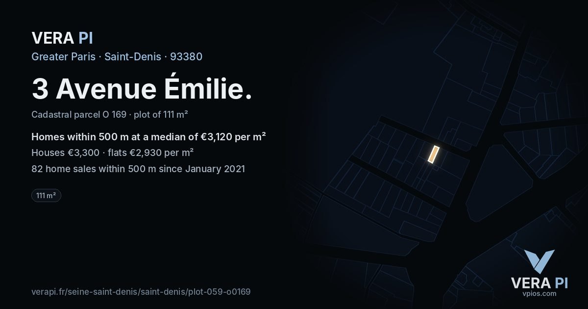 3 Avenue Émilie, Saint-Denis at night – the plot lit, the parcels around coloured by the prices near them