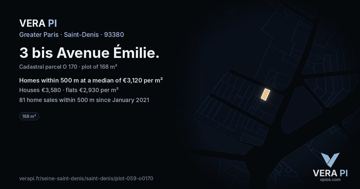 3 bis Avenue Émilie, Saint-Denis at night – the plot lit, the parcels around coloured by the prices near them