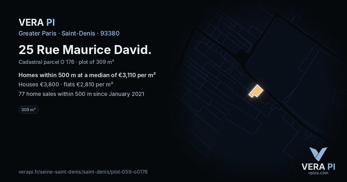 25 Rue Maurice David, Saint-Denis at night – the plot lit, the parcels around coloured by the prices near them