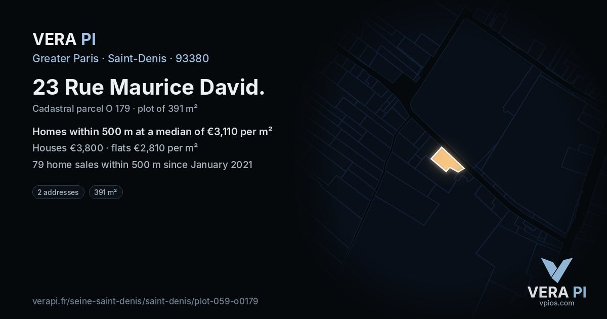 23 Rue Maurice David, Saint-Denis at night – the plot lit, the parcels around coloured by the prices near them