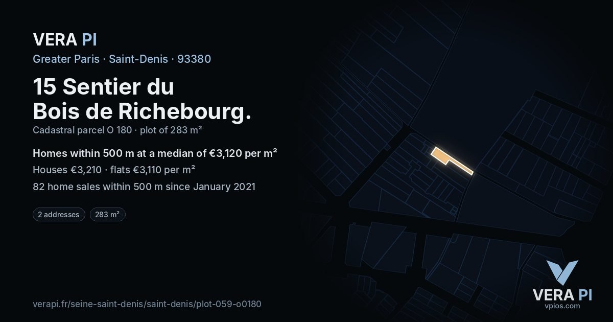 15 Sentier du Bois de Richebourg, Saint-Denis at night – the plot lit, the parcels around coloured by the prices near them