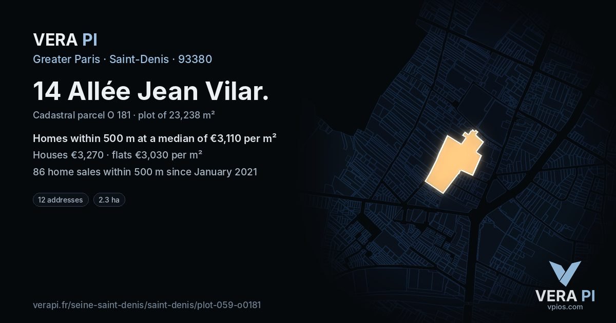 14 Allée Jean Vilar, Saint-Denis at night – the plot lit, the parcels around coloured by the prices near them