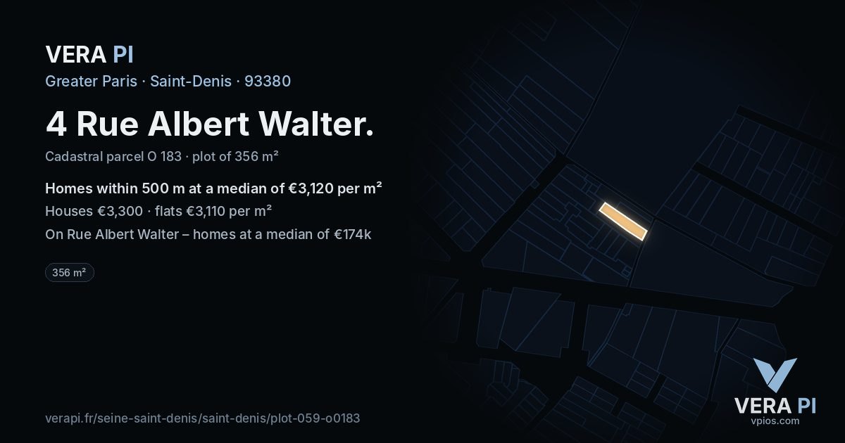 4 Rue Albert Walter, Saint-Denis at night – the plot lit, the parcels around coloured by the prices near them