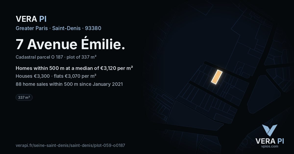 7 Avenue Émilie, Saint-Denis at night – the plot lit, the parcels around coloured by the prices near them
