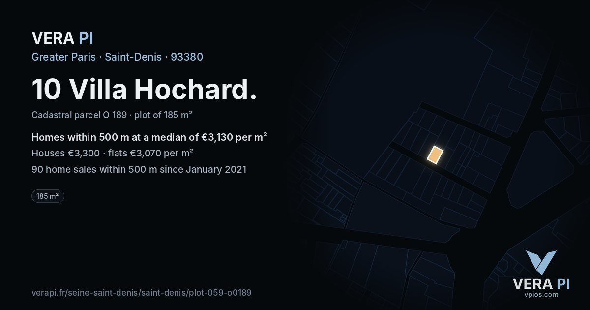 10 Villa Hochard, Saint-Denis at night – the plot lit, the parcels around coloured by the prices near them