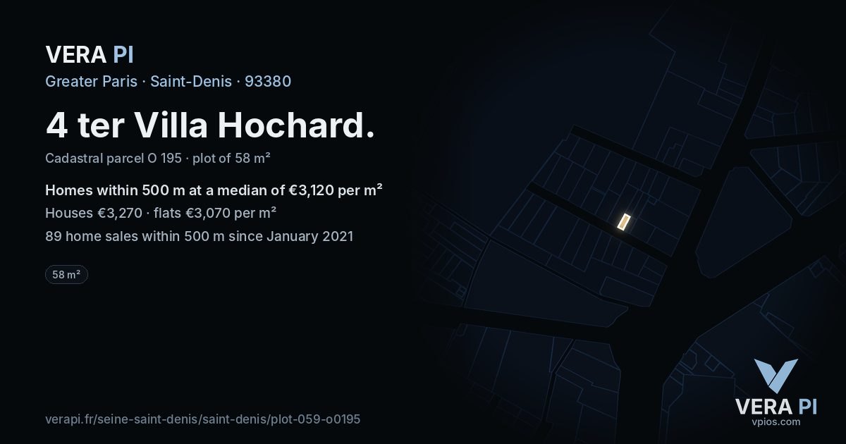4 ter Villa Hochard, Saint-Denis at night – the plot lit, the parcels around coloured by the prices near them