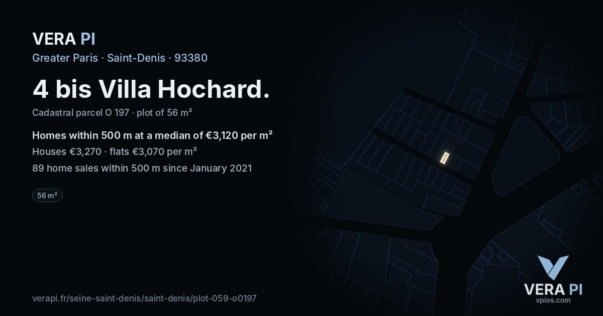 4 bis Villa Hochard, Saint-Denis at night – the plot lit, the parcels around coloured by the prices near them