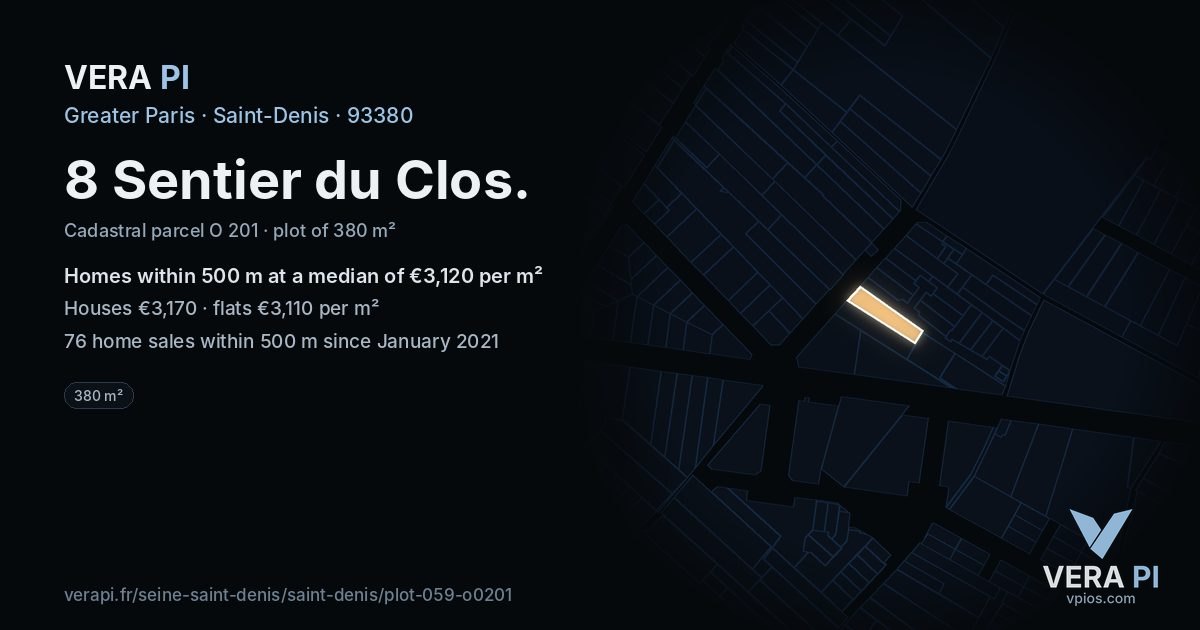 8 Sentier du Clos, Saint-Denis at night – the plot lit, the parcels around coloured by the prices near them