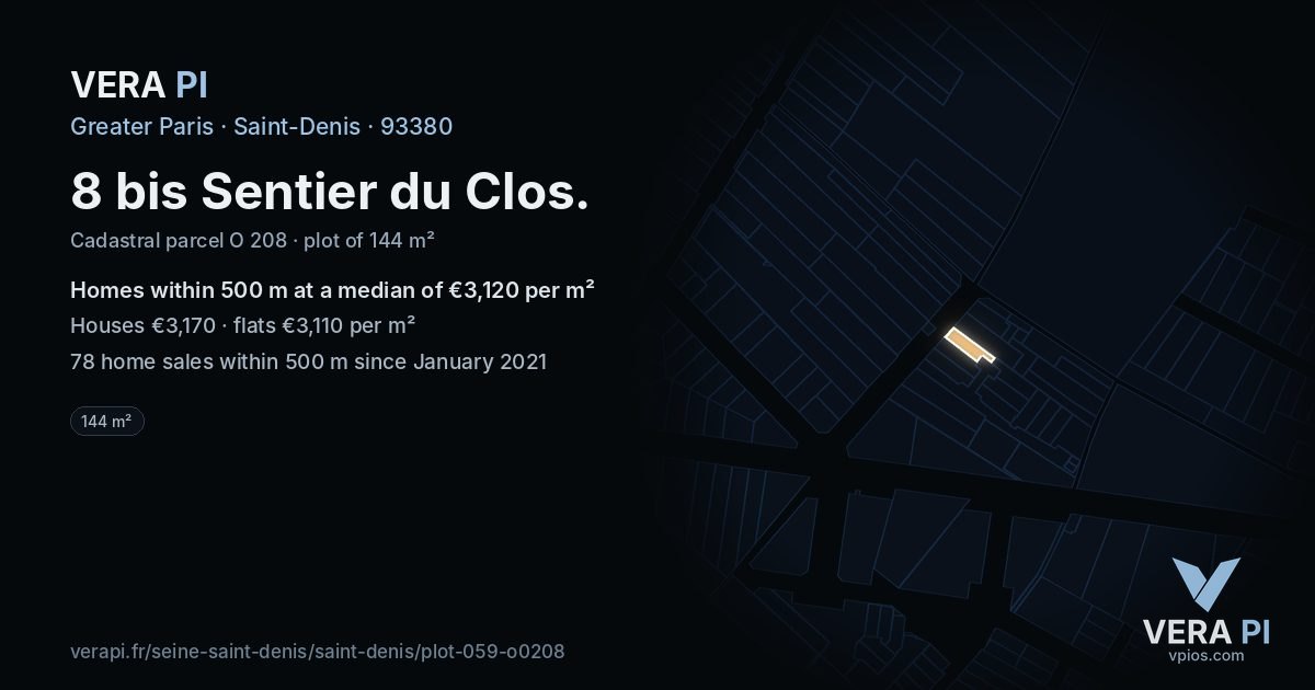 8 bis Sentier du Clos, Saint-Denis at night – the plot lit, the parcels around coloured by the prices near them