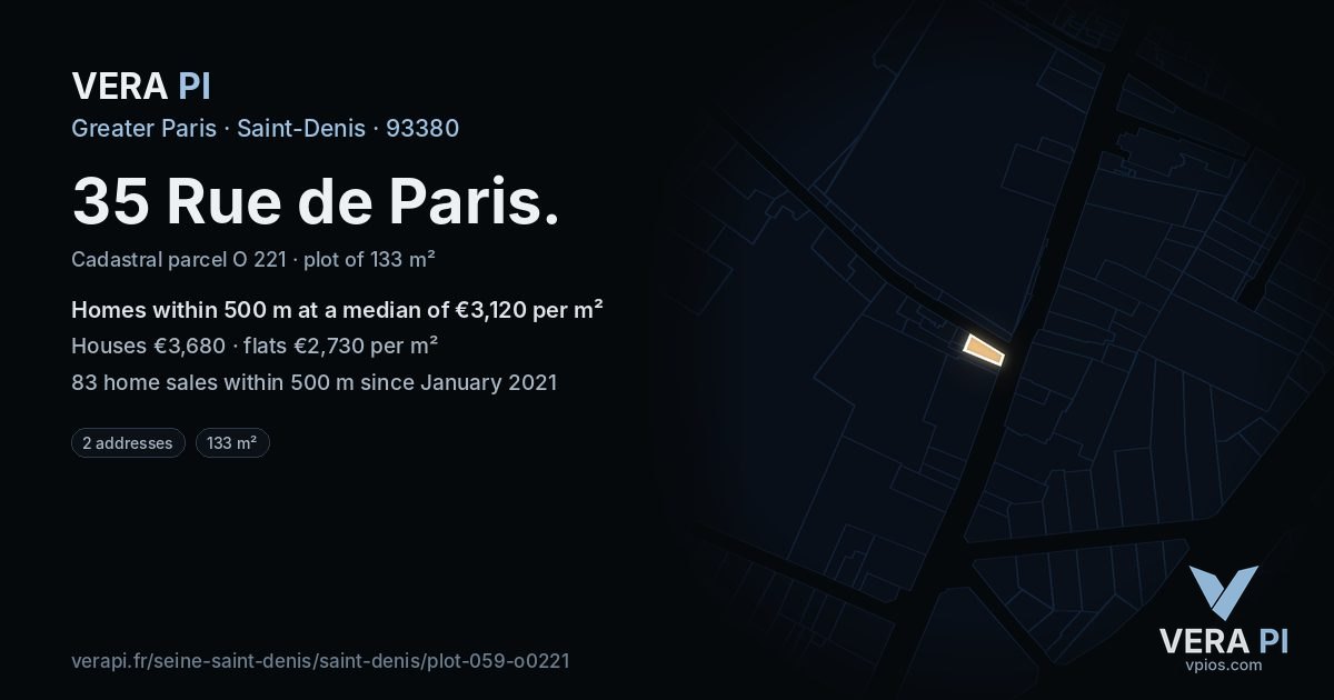 35 Rue de Paris, Saint-Denis at night – the plot lit, the parcels around coloured by the prices near them