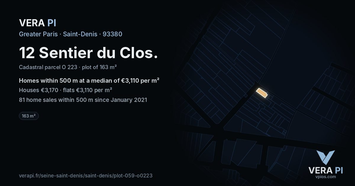 12 Sentier du Clos, Saint-Denis at night – the plot lit, the parcels around coloured by the prices near them