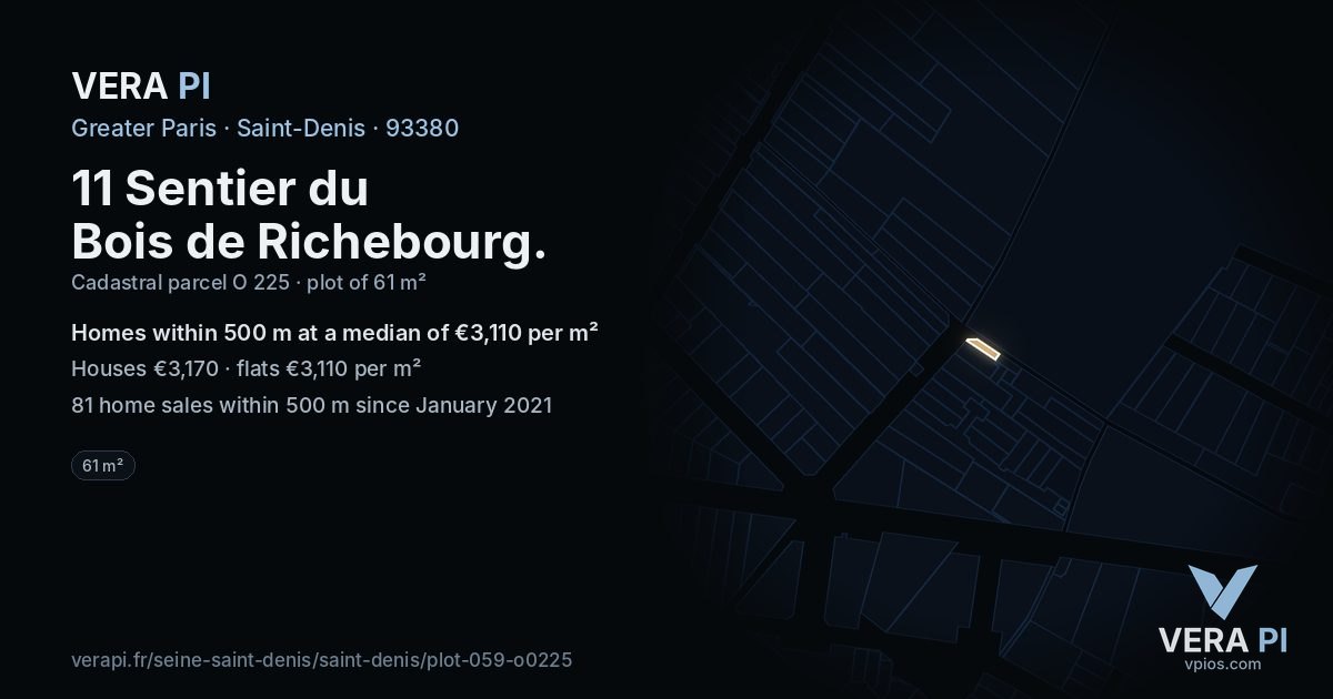 11 Sentier du Bois de Richebourg, Saint-Denis at night – the plot lit, the parcels around coloured by the prices near them