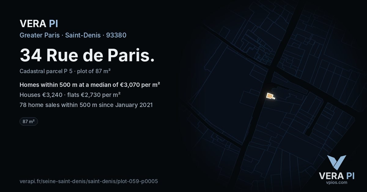 34 Rue de Paris, Saint-Denis at night – the plot lit, the parcels around coloured by the prices near them