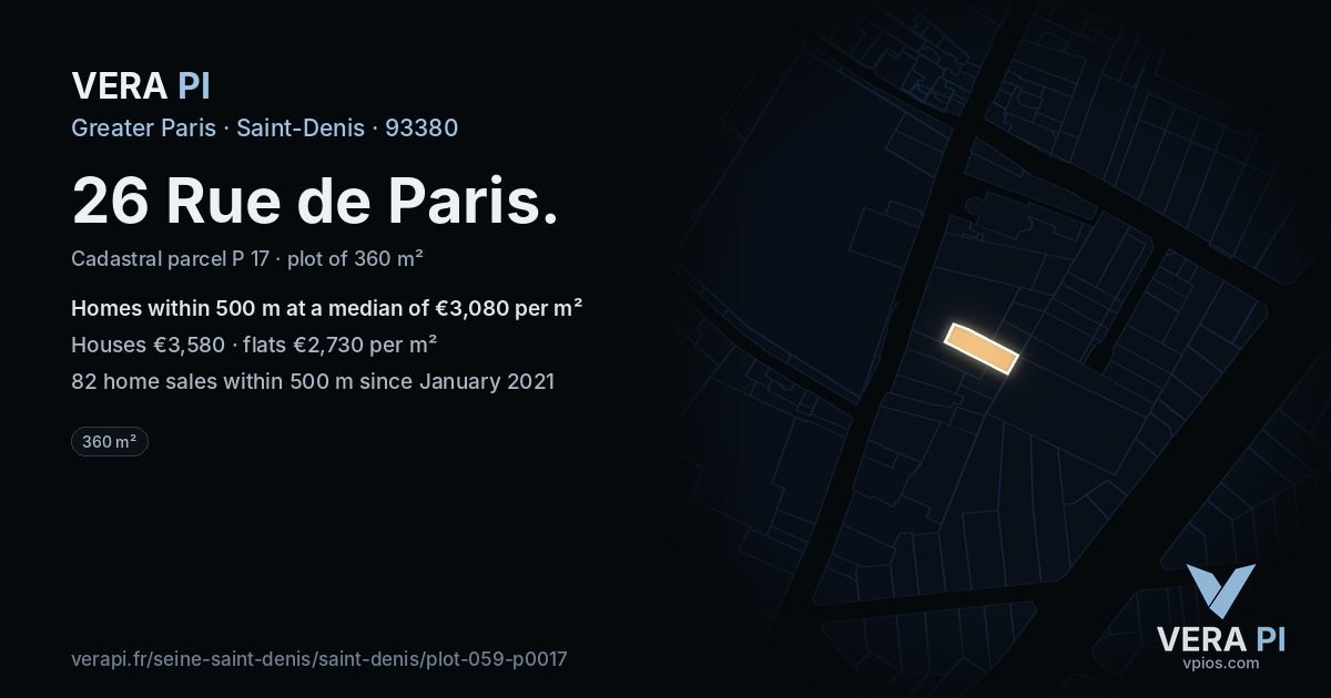 26 Rue de Paris, Saint-Denis at night – the plot lit, the parcels around coloured by the prices near them