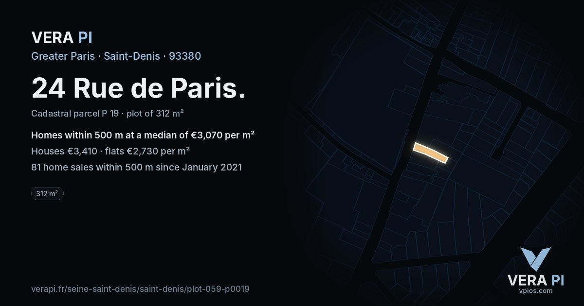 24 Rue de Paris, Saint-Denis at night – the plot lit, the parcels around coloured by the prices near them