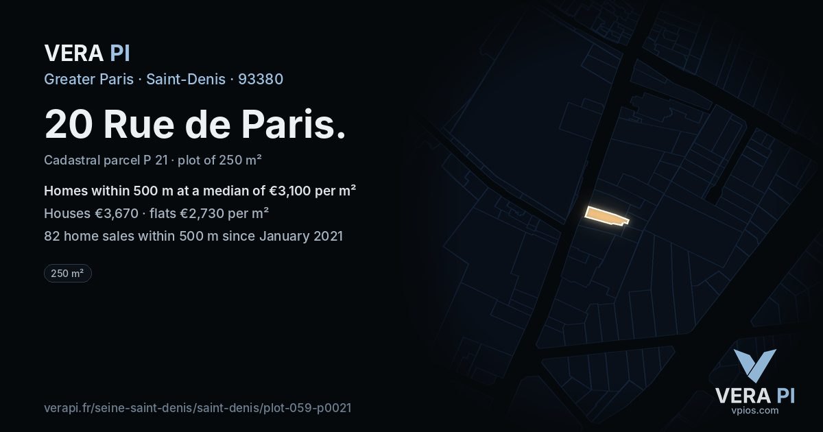 20 Rue de Paris, Saint-Denis at night – the plot lit, the parcels around coloured by the prices near them