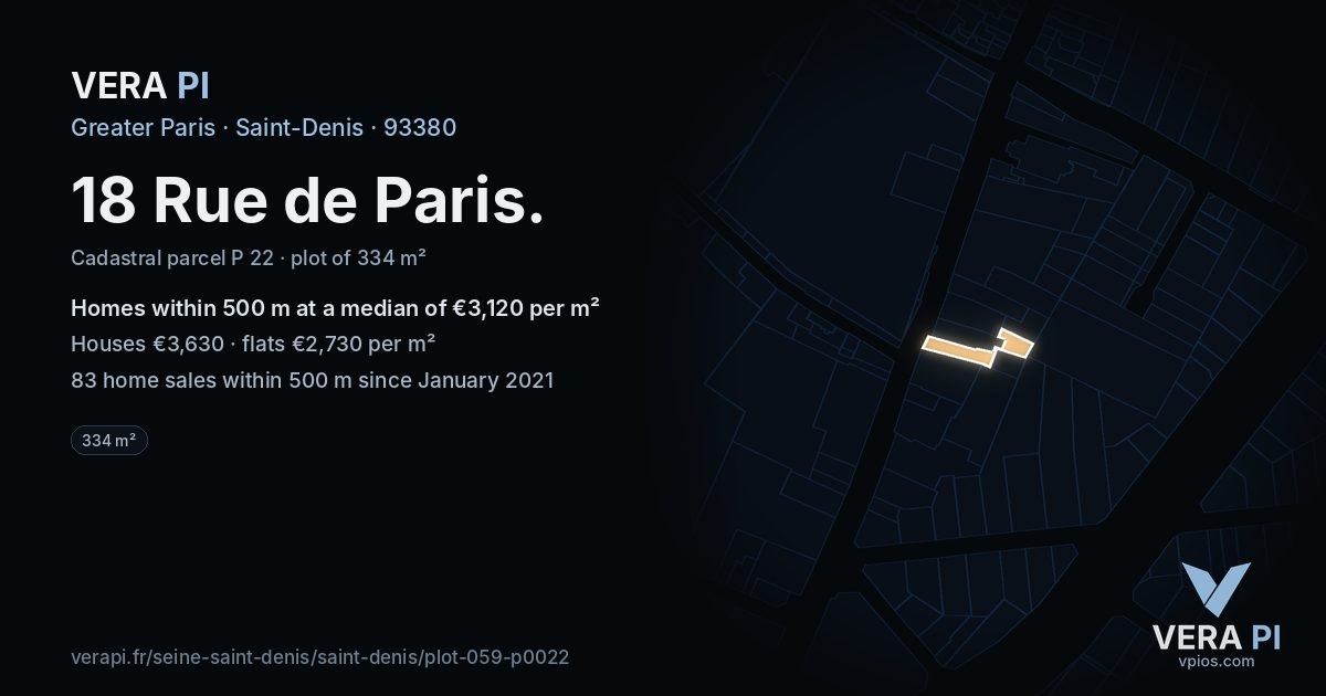 18 Rue de Paris, Saint-Denis at night – the plot lit, the parcels around coloured by the prices near them