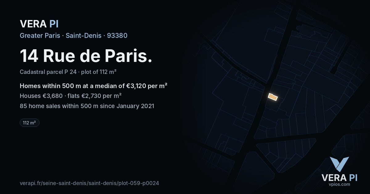 14 Rue de Paris, Saint-Denis at night – the plot lit, the parcels around coloured by the prices near them
