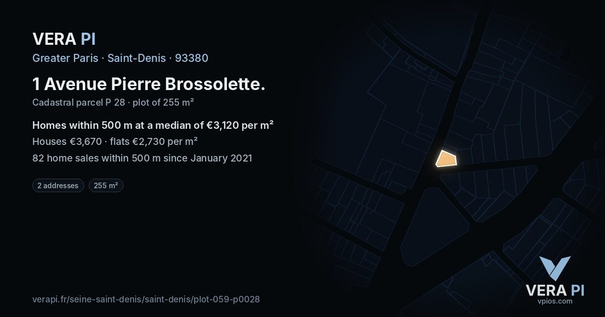 1 Avenue Pierre Brossolette, Saint-Denis at night – the plot lit, the parcels around coloured by the prices near them