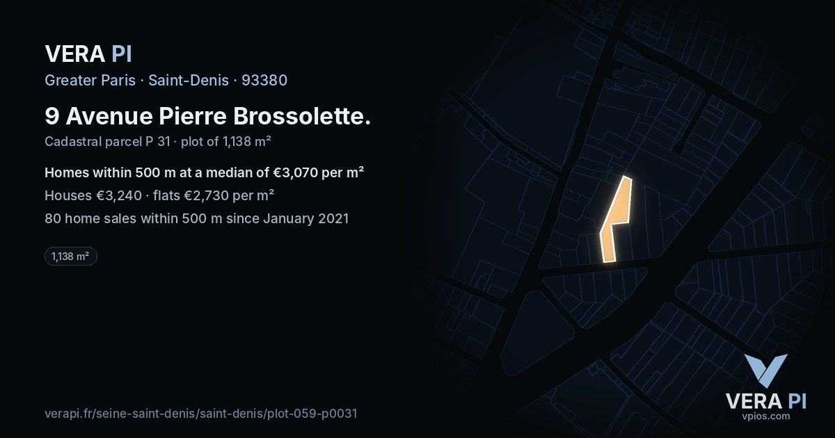 9 Avenue Pierre Brossolette, Saint-Denis at night – the plot lit, the parcels around coloured by the prices near them
