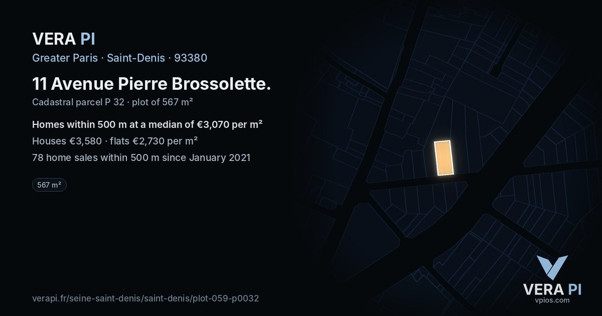 11 Avenue Pierre Brossolette, Saint-Denis at night – the plot lit, the parcels around coloured by the prices near them