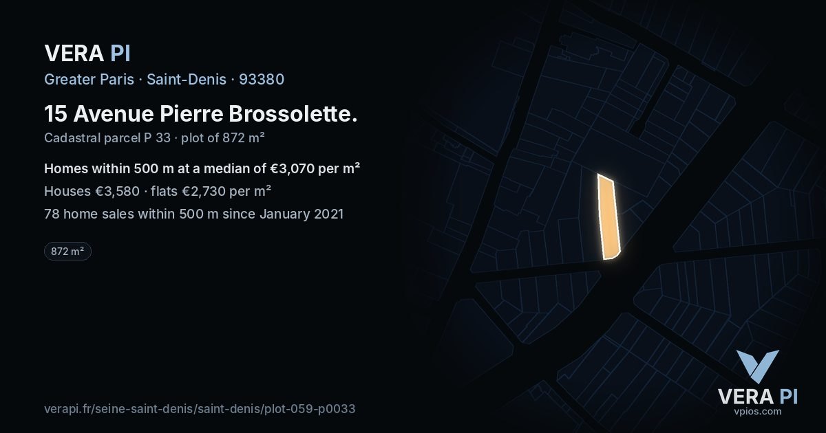 15 Avenue Pierre Brossolette, Saint-Denis at night – the plot lit, the parcels around coloured by the prices near them