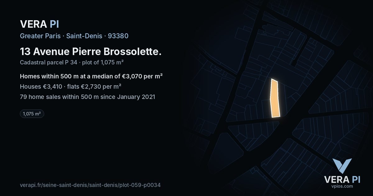 13 Avenue Pierre Brossolette, Saint-Denis at night – the plot lit, the parcels around coloured by the prices near them