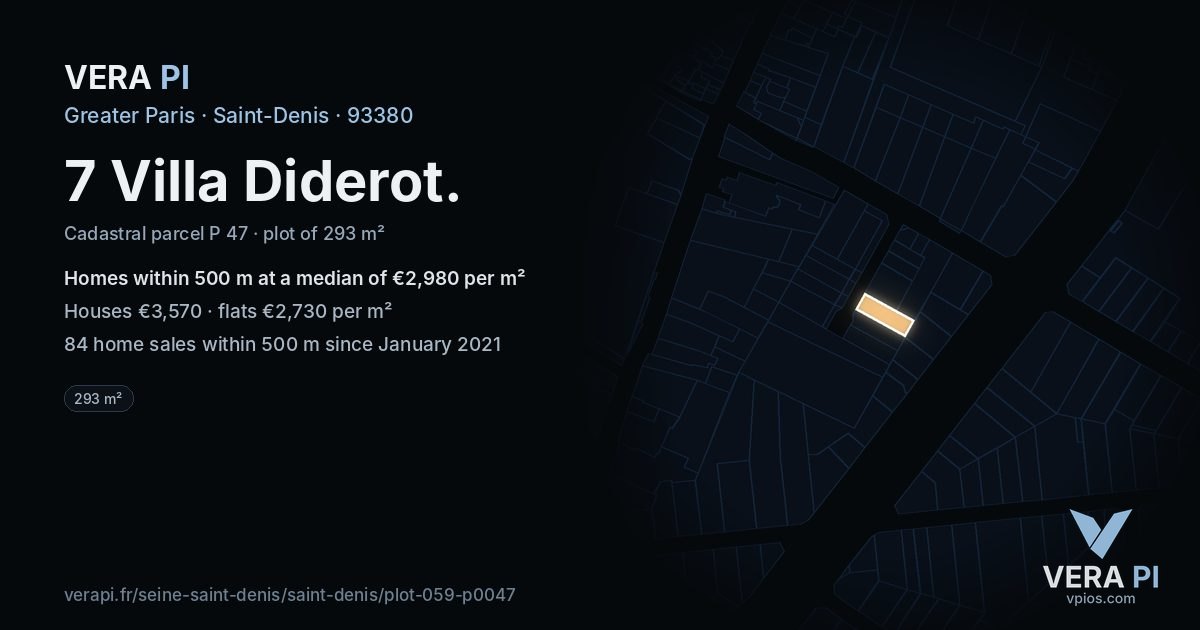 7 Villa Diderot, Saint-Denis at night – the plot lit, the parcels around coloured by the prices near them